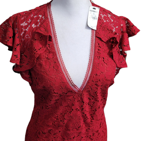 EXPRESS Red Lace Party Dress with Flutter Sleeves Sz. 4 - Picture 2 of 9